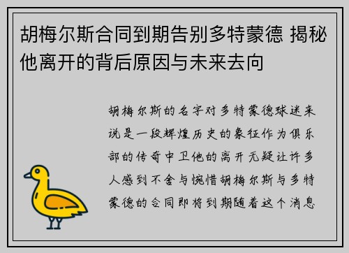 胡梅尔斯合同到期告别多特蒙德 揭秘他离开的背后原因与未来去向